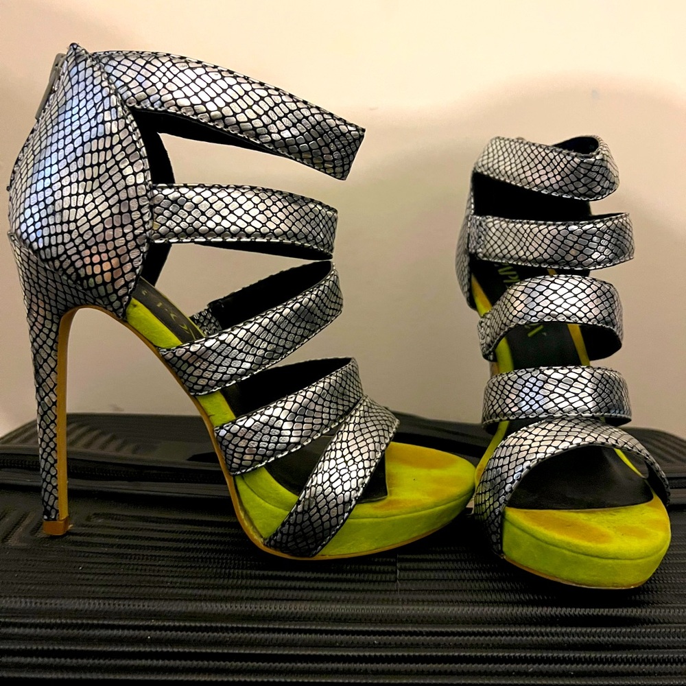 Silver and neon yellow heels